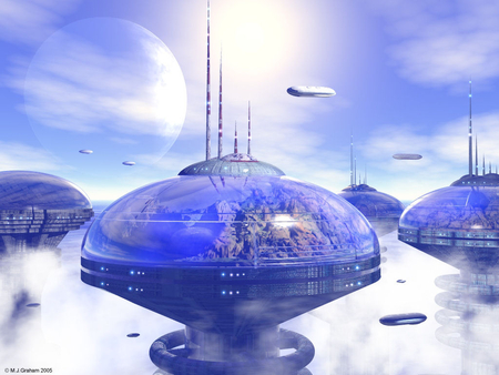 domed cities - clouds, moon, shuttles, blue sky, sun