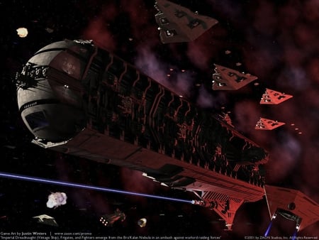 imperial dreadnought - frigets, explosion, firing, stars, fighters, nebula