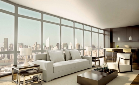 Fascinating view - pic, wood, tables, fascinating, view, skyscrapers, furnitures, living room, sofa, image, windows, colors, colours, white, wooden, picture, modern, apartment, wall, wallpaper