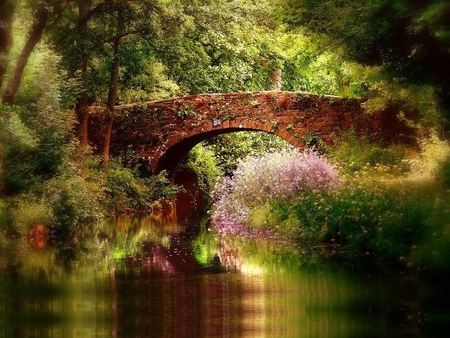 Countryside Bridge - trees, water, country, bridge