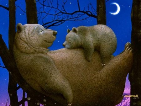 Sweet Slumber - moon, trees, cub, night, sweet, bears, slumber, bedtime, painting, sleeping