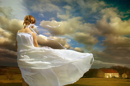 coming home - farm, lady, sky, girl, walking, summer, fantasy, wind, white, young, home, house