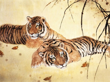 Just Hanging Out - resting, cats, art, tigers peaceful, animals