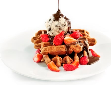 WAFFLES WITH STRAWBERRIES - ice cream, waffles, strawberries, good, desert, food