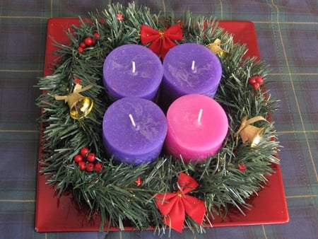 ☆ Advent wreath ☆ - lavender, fashion, entertainment, pink, tree crown, purple, hope, holiday, red, ribbon, violet, candles, centerpiece, beautiful, love, christmas, happiness, green, arrangement, bow