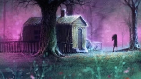 Creepy Woods - trees, purple, girl, light, creepy, cottage, woods