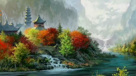 Autumn Painting - autumn, lake, river, house, the world, drawing, fantasy