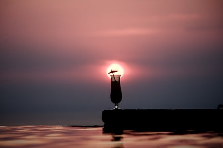 Sunset Cocktail - beach, sky, pink, umbrella, cocktail, sunset