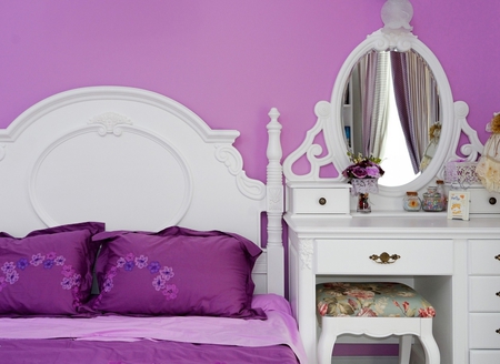 Purple room - bed, room, pillows, perfect, chair, warm place, beautiful, mirror, sweet, flowers