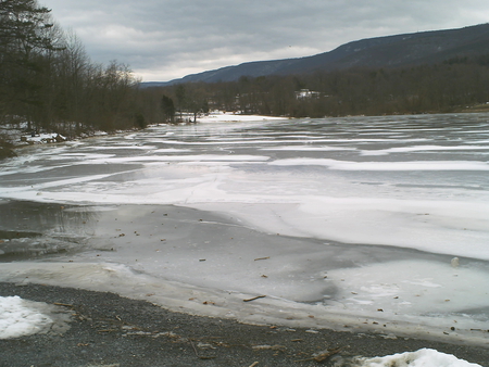 Frozen Lake - ice, lake, trees, water, mountains