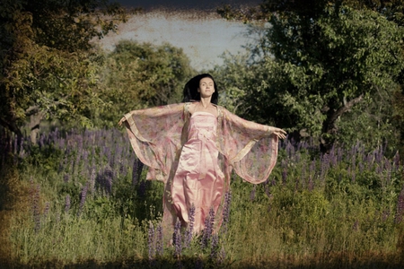 Flying in her dreams - trees, magic, beauty, believe, grass, forest, lovely girl, miracle, dreams, nature, hope, fly, wings, beautiful day, pink dress