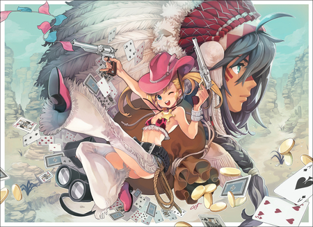 Anime - feathers, cowgirl, anime, cards, guns