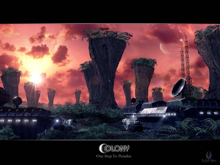 colony-one step to paradise - vehicals, base, red sky, ferns, moon, sun