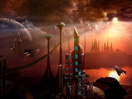 futuristic city - moon, shuttles, clouds, sun, water, buildings, rocks