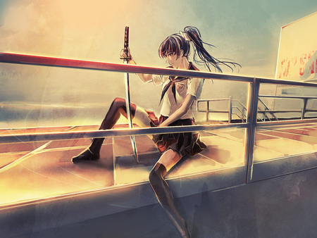 sunrise samurai - sky, girl, katana, samurai, cute, bridge, sunrise, school girl