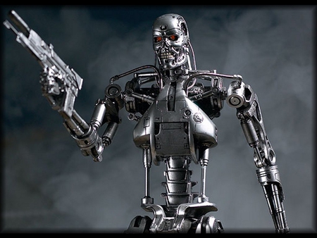 t-800 - smokes, gun, endoskeleton, cyborg, red eyes