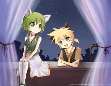 A Wonderful cat life - len, vocaloid, cats, anime, gumi, gumi megpoid, green hair, cute, kagamine len, blonde