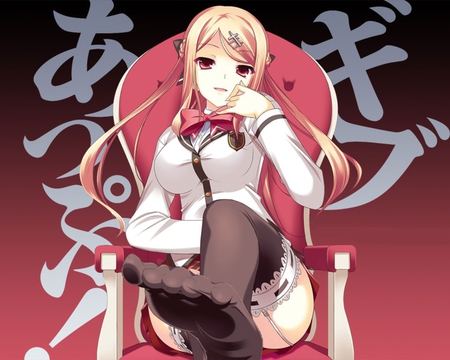 sexy chair xD - chair, girl, female, red, beautifull, anime, cute, angry