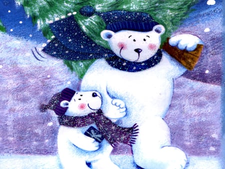 Christmas bears with a tree - bear, winter, nature, polar, snow, tree