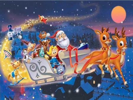 Christmas card - christmas, moon, santa, noel, holiday, fly, deer, sled