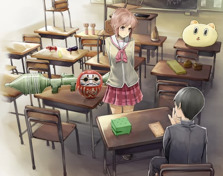 Tsundere cuteness - bear head, anime, misato tachibana, nichijou, koujiro sasahara, daruma doll, tsudere, rocket launcher, cute, classroom