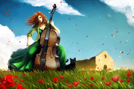 lost in music - flowers, clouds, green dress, wind, original, girl, field