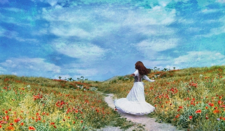 Me and beautiful nature - dreams, beauty, beautiful day, sky, god, field, thank you, dreamer girl, life, clouds, dreamer, grass, sunny day, girl, white dress, nature, blue, flowers