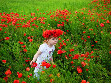 In poppy field - nature, red, popy, girl, grass, meadow, field, child