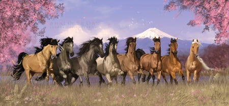 golden-heart - horses, trees, mountain, animals, fuji, grass