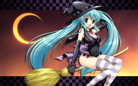 Vocaloid - hatsune, miku, broom stick, halloween, vocaloid, anime, girl, witch, moon