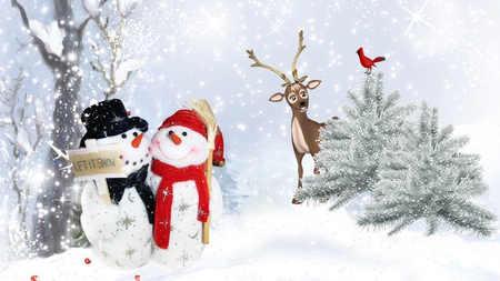 Let it Snow - snowman, whimsical, trees, winter, deer, bird, cold, snow woman, snow, firefox persona, cute