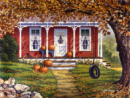 John Sloane. Autumn Shadows - painting, art, pumpkin, house, john sloane