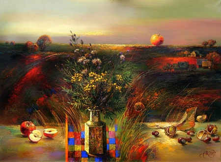 A. Kontsub. Autumn Blues - painting, art, autumn, sunset, apple, a kontsub