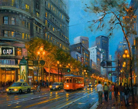 Po Pin Lin. Friday Night on Market - painting, art, street, building, car, po pin lin, night