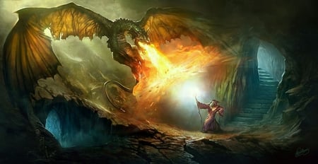 Battle in the Deep - cave, wizard, magic, battle, drawing, fantasy, dragon, fire, painting, art