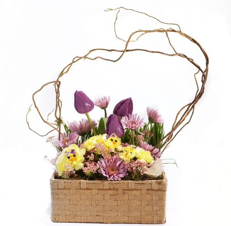 Enjoying my home - violets, yellow, beautiful, fashion, entertainment, flowers, basket, wonderful, tulips, purple, arrangement, centerpiece