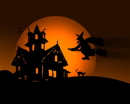 The Witches Are Coming - witch, house, black, halloween, orange, haunted, cat