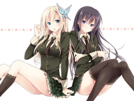 boku wa tomodachi ga sukunai - maripose, 2 girls, yelow hair, dress, black hair, long hair, blue eyes