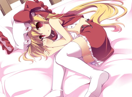 touhuo - red eyes, sleep, yelow hair, long hair, dress