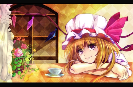 touhou - diamant, yelow hair, long hair, flowers, purple eyes