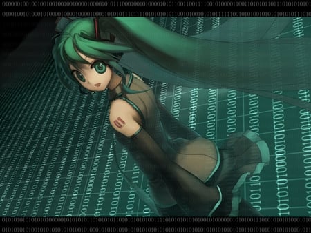 Hatsune Miku - aqua, headset, music, anime girl, stockings, white, art, cool, aqua eyes, artistic, hatsune miku, skirt, leggings, song, vocaloids, code, program, vocaloid, beautiful, uniform, diva, beauty, nice, twintail, singer, aqua hair, black, virtual, pretty, idol, anime, miku, cute, girl, cg, hatsune, microphone, headphones, blue, tie, awesome, digital, outfit