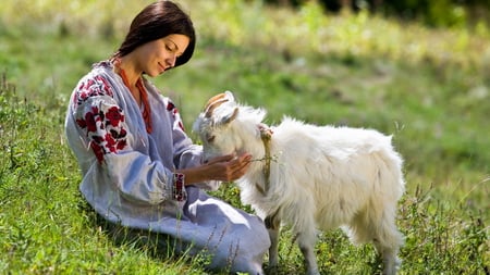 Adorable Image - goat, pet, beautiful, girl, grass, adorable