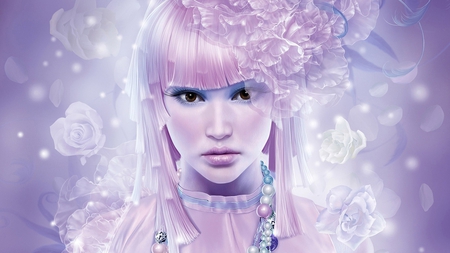 Pink Fantasy Girl - flowers, lips, fantasy, girl, eyes, beads, pink, hair