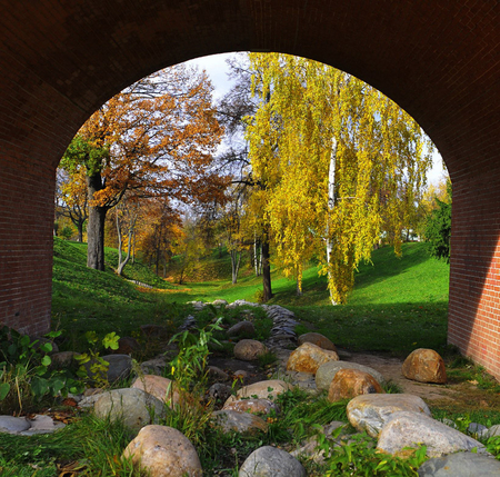 Autumn park - fall, trees, archway, autumn, landscape, grass, stones, park