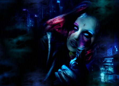 newyork smoke 2080.. - woman, gun, gothic, lazer, mist, dark, cyber, night, smoke, wallpaper, viberant, newyork, futuristic, colour, blue, red head, lights