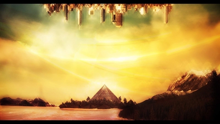 Upside Down World - sky, trees, mountain, water, pyramid, buildings