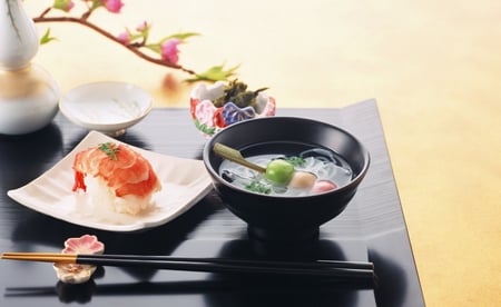 Sushi arrangement - pic, food, photo, flowers, chop stics, bowl, soup, decoration, image, table, colors, still life, photograph, colours, plate, picture, arrangement, sushi, fish, japanese, wall, wallpaper