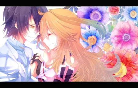 Young Love - flowers, anime, blonde, couple, love, happy