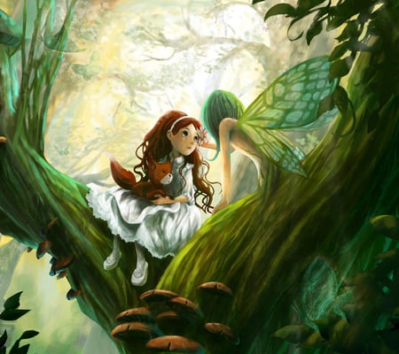 Sasha and fairy - pet, mushroom, wings, girl, sasha, fairy, tree