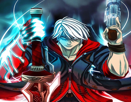 Nero - gun, nero, jacket, dmc4, cool, anime, video games, sword, devil may cry, weapons, short hair, white hair